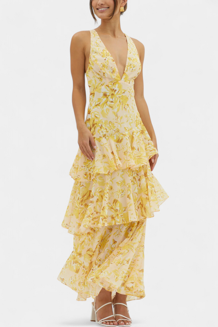 Comfortabele v-hals zomerjurk, gelaagd en kleurrijk, een perfecte casual of chique dames maxi-jurk.