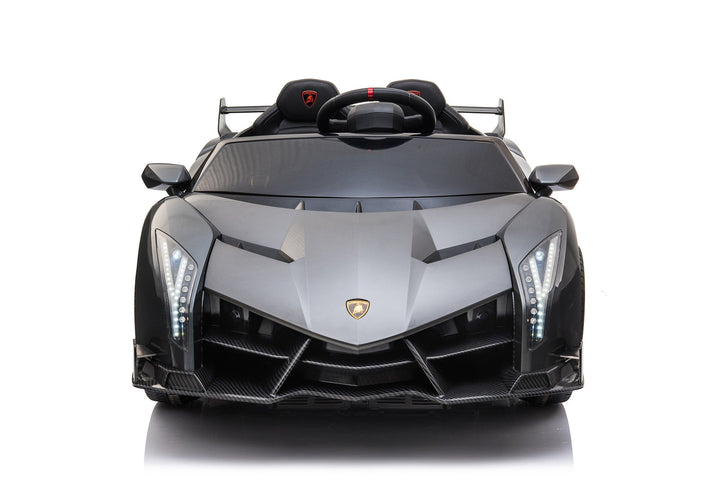 Kinder elektrische Lamborghini Veneno 12V, grijs, met afstandsbediening en dubbele zitplaats.
