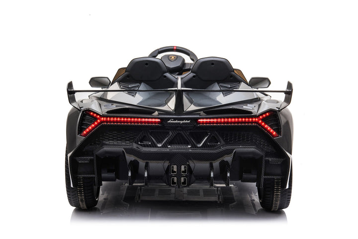 Gedetailleerde grijze Lamborghini Veneno 12V tweezits accu auto voor avontuurlijke kinderen.