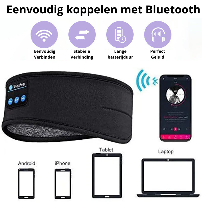 Persoon ontspant met donkergrijs draadloos slaapmasker & koptelefoon, genietend van rustgevende slaap.