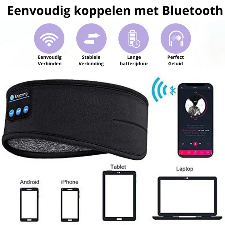 Persoon ontspant met donkergrijs draadloos slaapmasker & koptelefoon, genietend van rustgevende slaap.