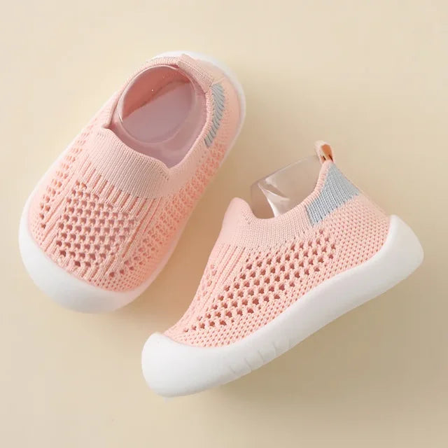 Ademende babyschoenen, grijs/blauwe HappyFeet Comfy jongens/meisjes sneakers; comfortabel en antislip.