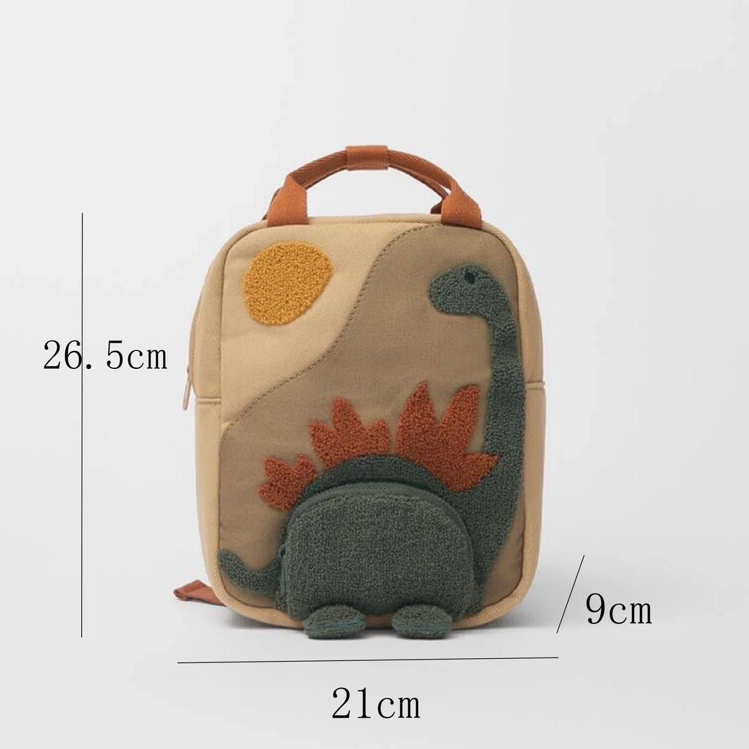 Duurzame canvas kinderrugzak met vrolijke dino's, personaliseerbaar voor een unieke en avontuurlijke look.