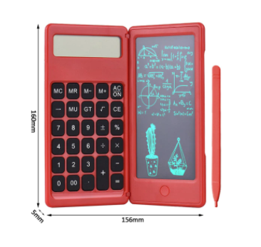 Compacte multifunctionele LCD rekenmachine met digitaal schrijftablet, ideaal voor snelle berekeningen en aantekeningen.