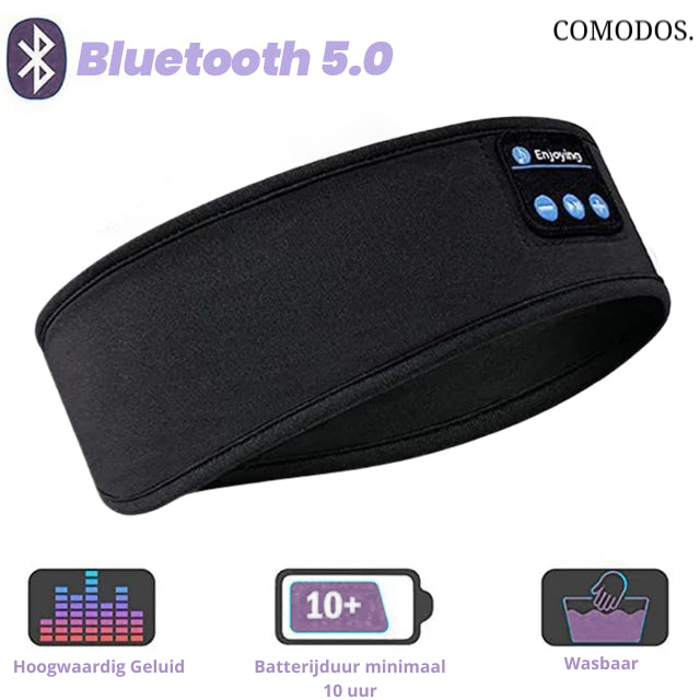 Model draagt donkergrijs slaapmasker met koptelefoon, genietend van comfort en ontspanning.