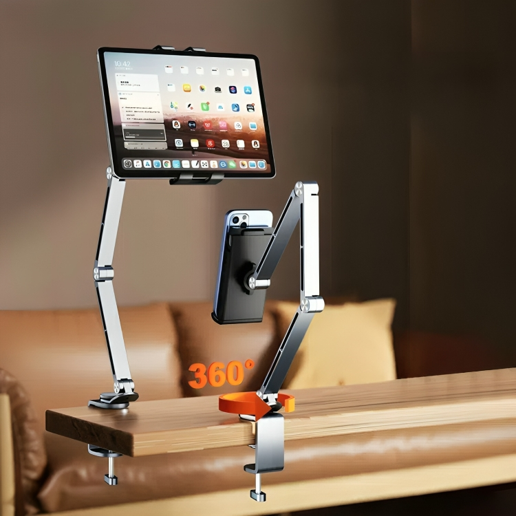 Stabiele, ergonomische aluminium tablet houder voor iPad & telefoon. Verstelbare standaard in zilver, voorkomt nekklachten.