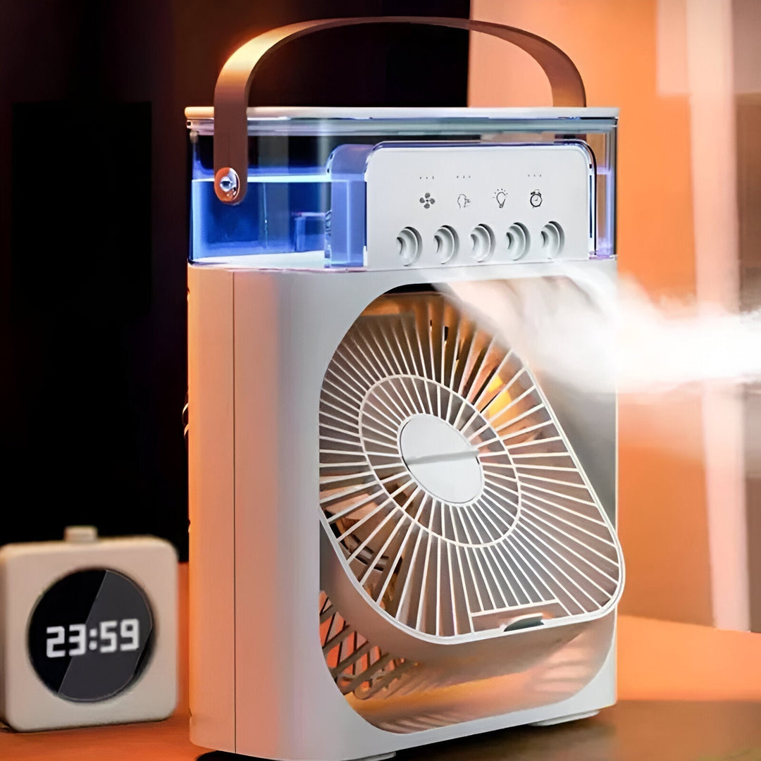 Slimme draagbare airco met koeling, bevochtiging, luchtfiltering en LED nachtlicht functie.