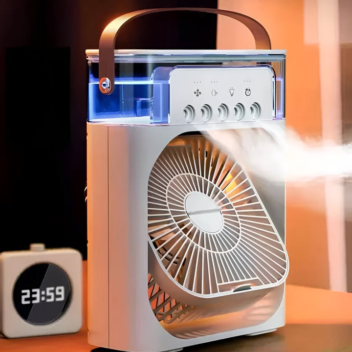 Slimme draagbare airco met koeling, bevochtiging, luchtfiltering en LED nachtlicht functie.