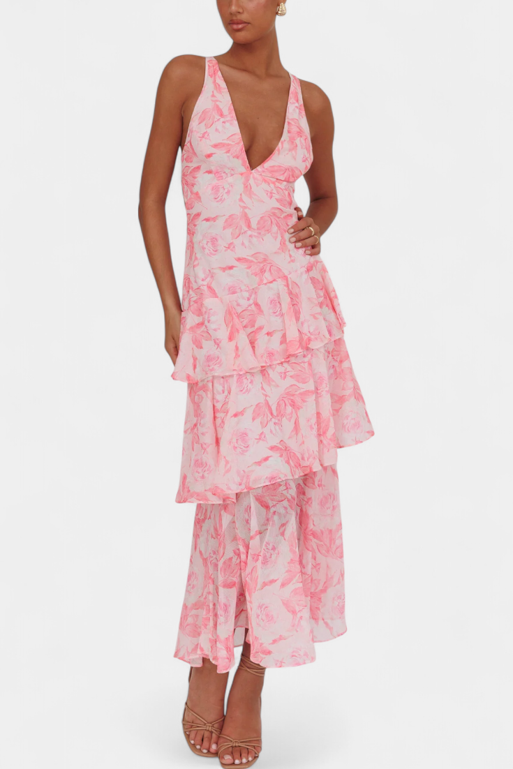 Zomerse v-hals maxi-jurk voor dames, comfortabel en elegant, perfect voor een ontspannen dag of avond.