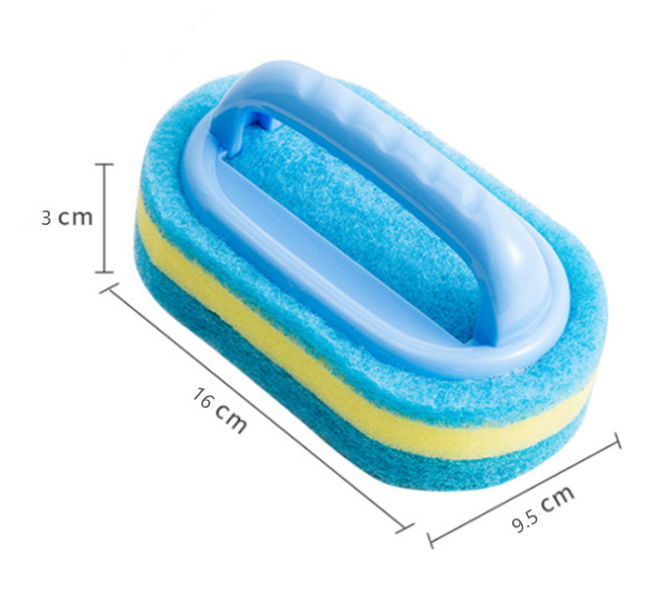 Close-up van de schoonmaakspons met stevig handvat, toont de reinigingstextuur en comfortabele grip.