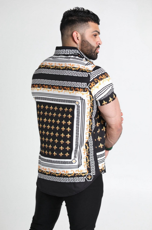 Uniek Fabian heren overhemd, detail van het stijlvolle patroon. Hoogwaardige kwaliteit zomerblouse voor trendy heren.