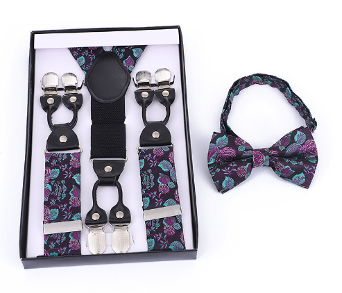 Complete chique mannen vlinderdas set met bretels en pochet, ideaal voor formele gelegenheden.