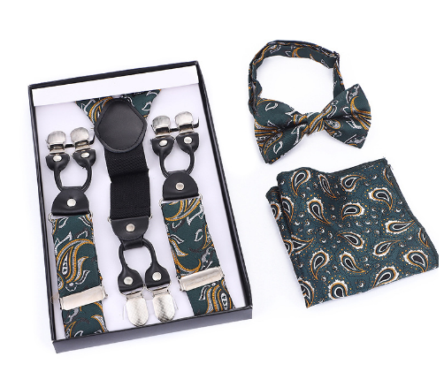 Feestelijke herenaccessoires: chique vlinderdas, bretels en pochet. De complete set voor een elegante uitstraling.