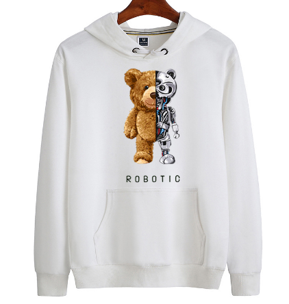 Man draagt zachte teddy hoodie met capuchon en uniek patroon, ideaal voor herfst- en winterkleding.