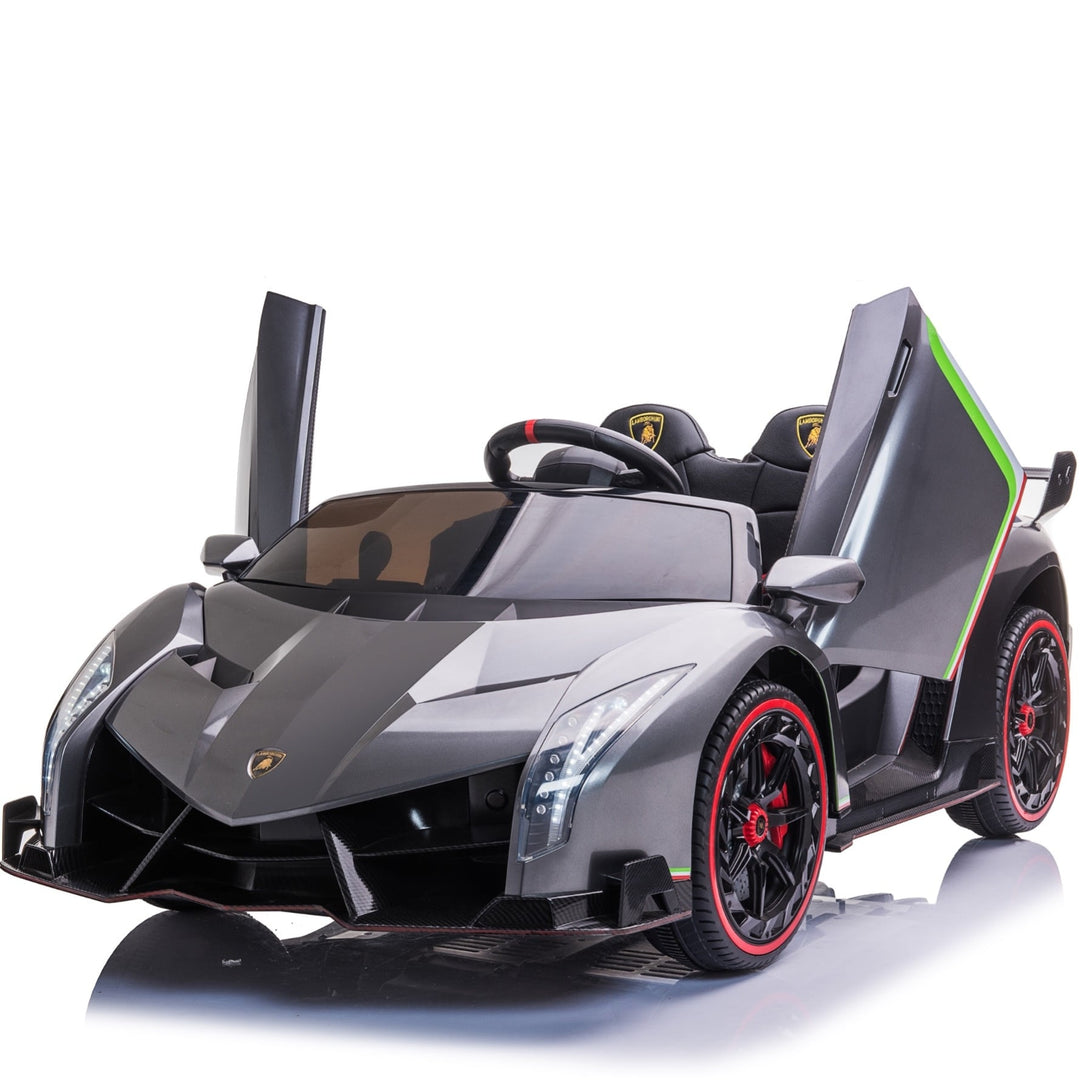 Grijze elektrische Lamborghini Veneno 12V kinderauto tweezitter met afstandsbediening.