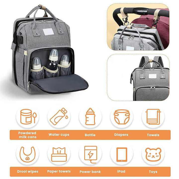 De multifunctionele Smart Mama luiertas met uitgeklapt babybedje voor veilige dutjes van pasgeborene.