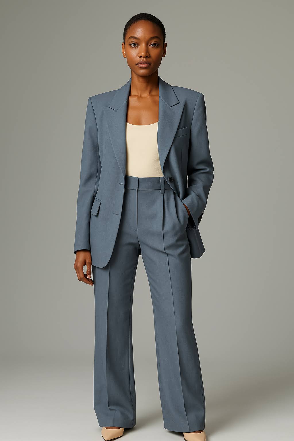 Tweedelig damespak, bestaande uit een chique blazer en elegante pantalon, verkrijgbaar in diverse kleuren.