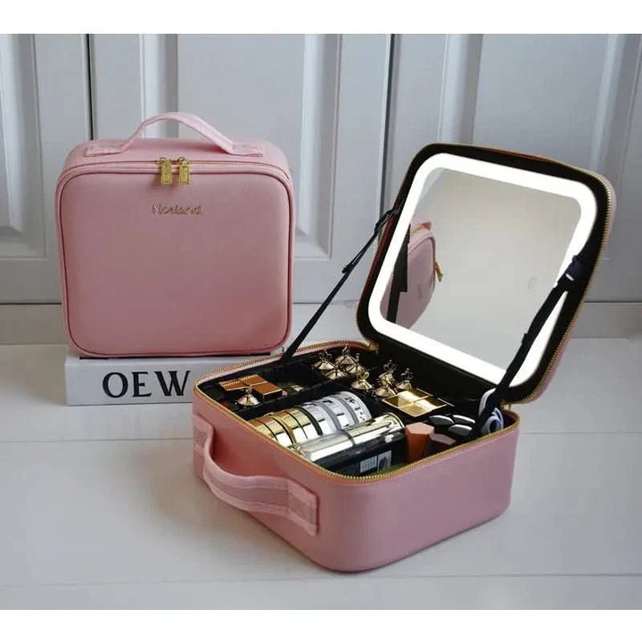 Draagbare make-up tas met ingebouwde LED-spiegel voor perfecte belichting, ideale schoonheidsorganizer.