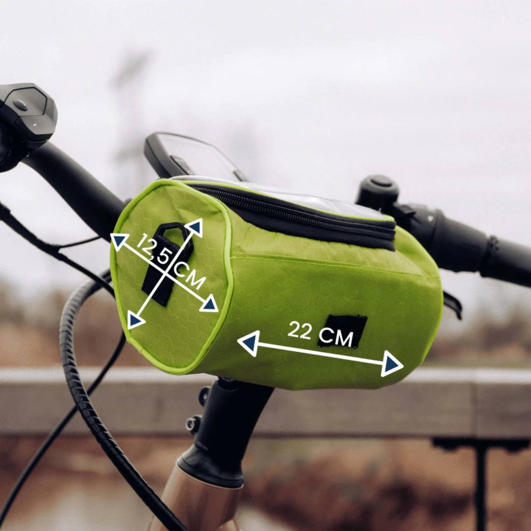 Praktische zwarte fietsaccessoire: waterdichte fietstas met touchscreen compatibiliteit. Ideaal voor telefoons en spullen.