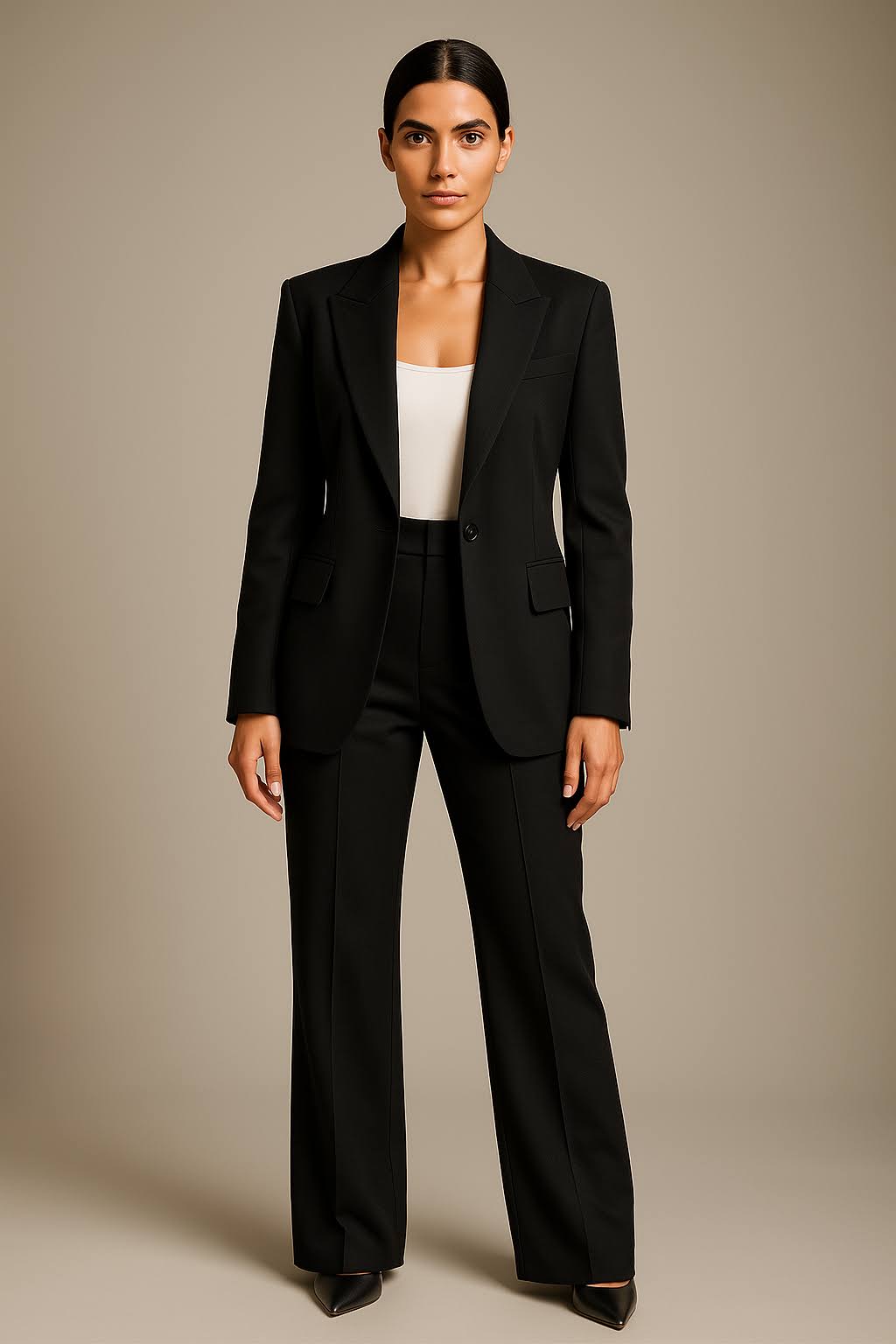 Chique tweedelig damespak: elegante blazer en pantalon set, ideaal voor zakelijk of casualchic gebruik.