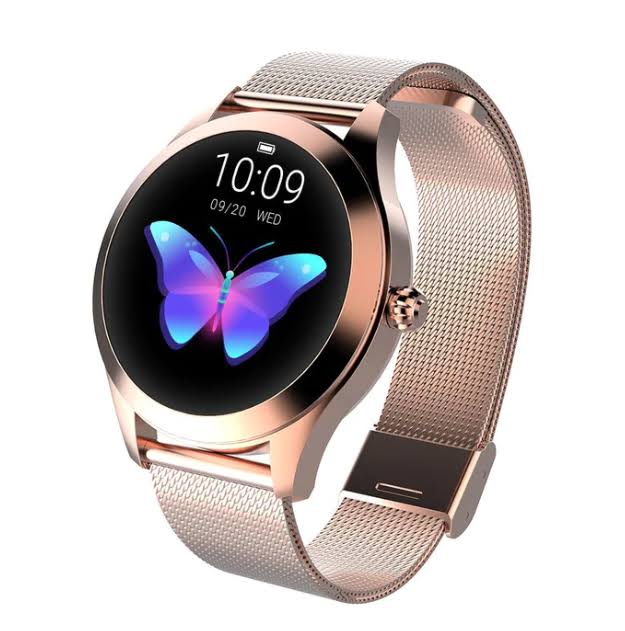 Stijlvolle dames smartwatch met elegante roségouden kast en comfortabele leren band, perfect voor de moderne vrouw.