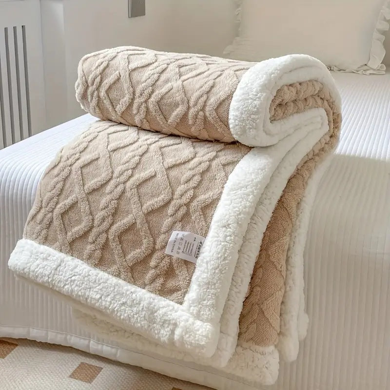 Zachte sherpa deken gestyled met kussens; een knusse plaid die perfect past bij moderne huisdecoratie en interieurtrends.