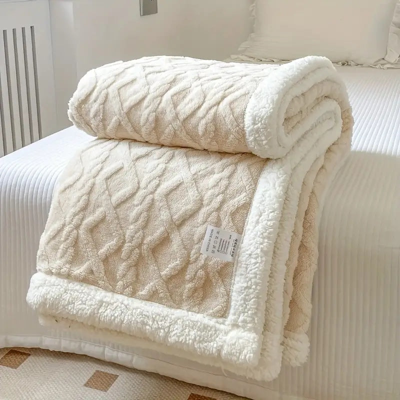 Luxe sherpa deken verspreid over een bed; een warme en zachte woondeken die slaapkamers van comfort voorziet.