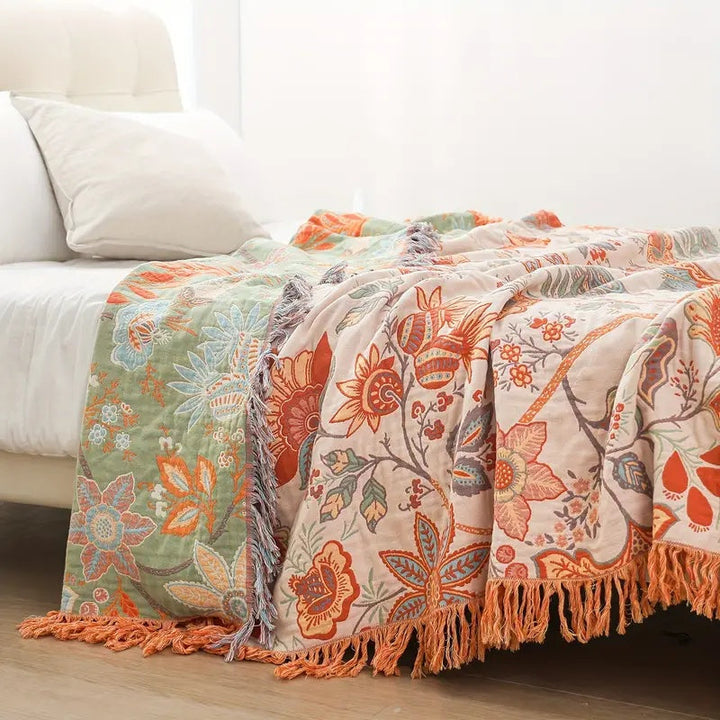 Comfortabel bohemien interieurdeken/plaid van katoen met franjes, perfect als woondeken of wandkleed.