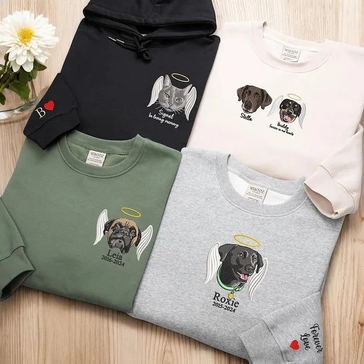 Stijlvolle sweatshirt hoodie van zacht katoen, gepersonaliseerd met een uniek borduursel voor huisdier herinnering.