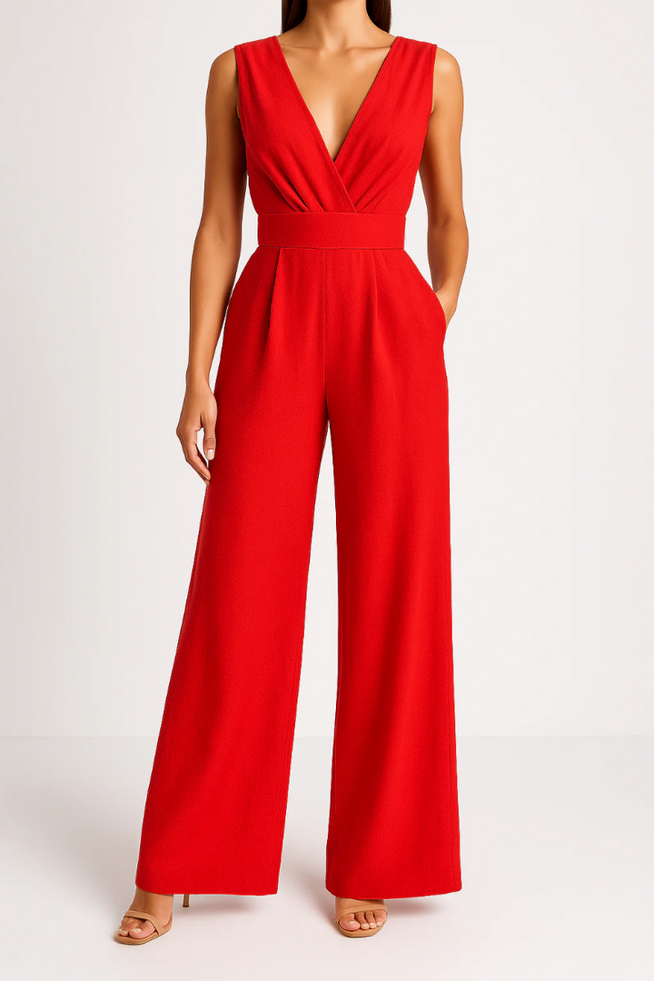 Elegante slim-fit zomerjumpsuit voor dames met wijde pijpen en hoge taille, verkrijgbaar in rood, zwart en army green.