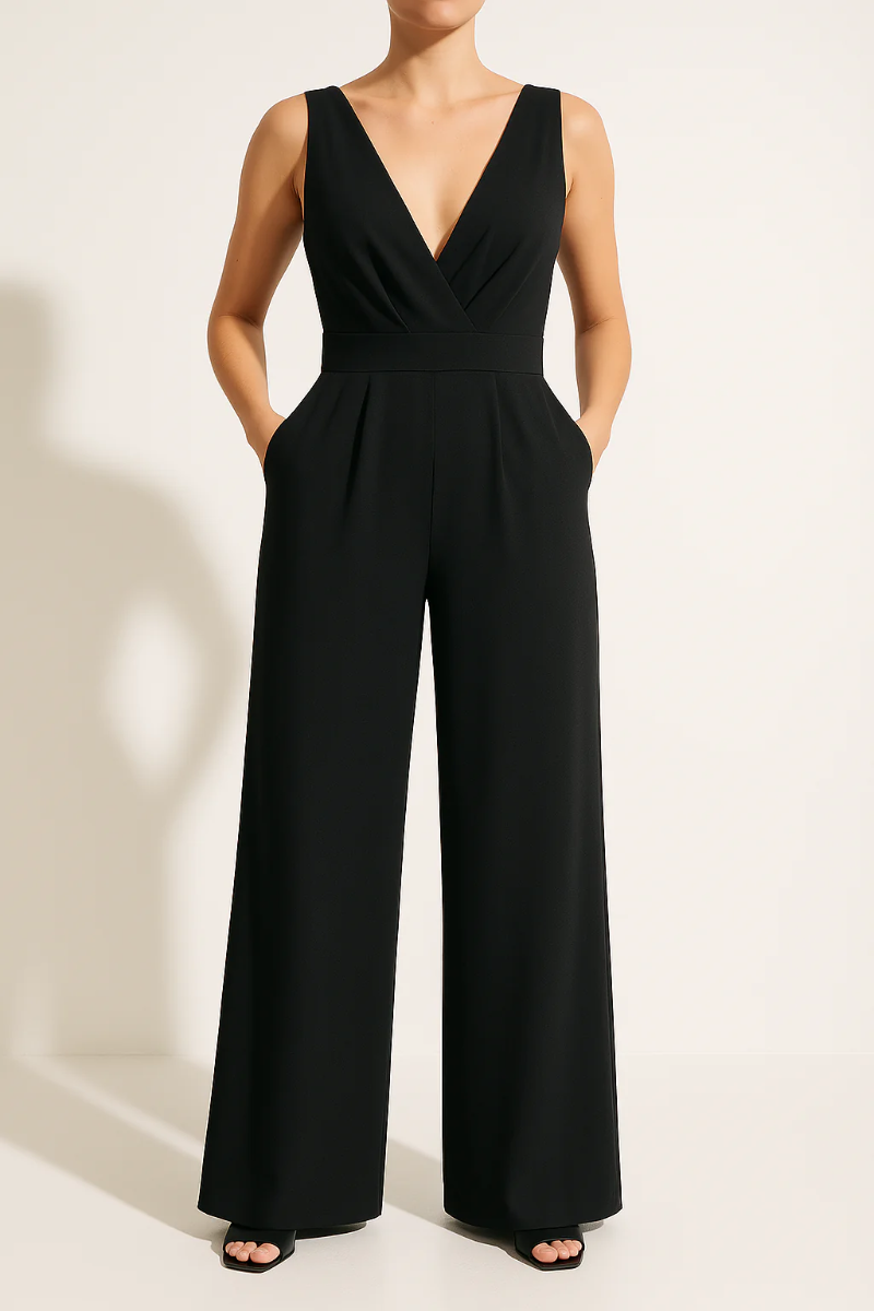 Modieuze dames slim-fit jumpsuit met hoge taille en wijde pijpen; een elegante zomeroutfit in diverse kleuren.