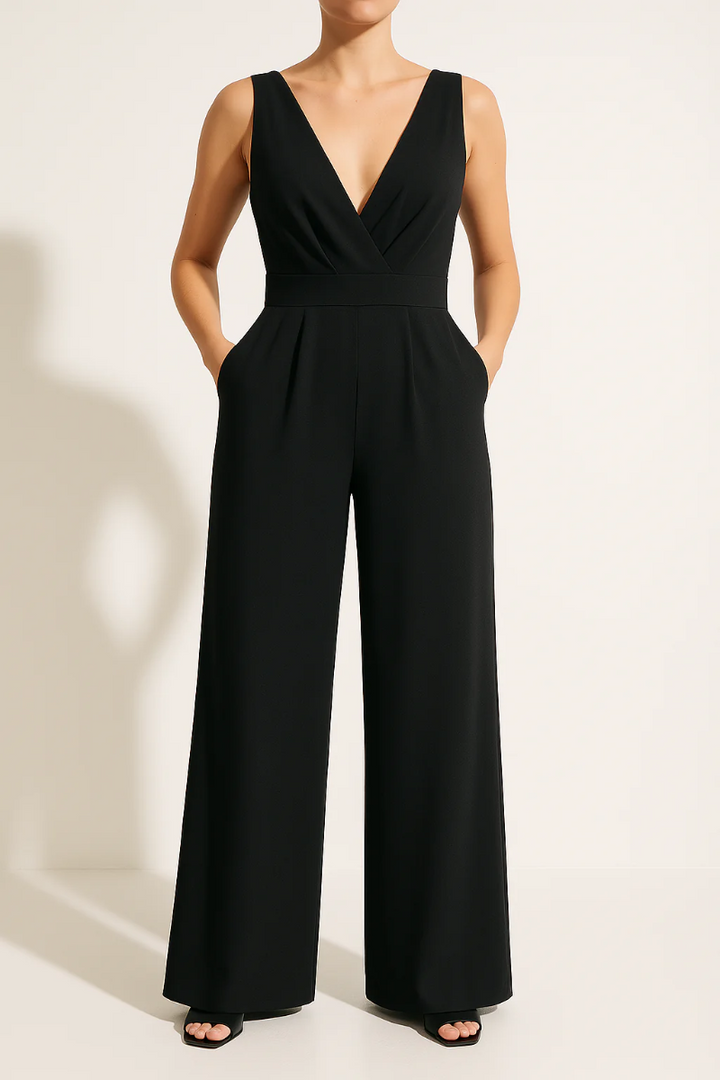 Modieuze dames slim-fit jumpsuit met hoge taille en wijde pijpen; een elegante zomeroutfit in diverse kleuren.