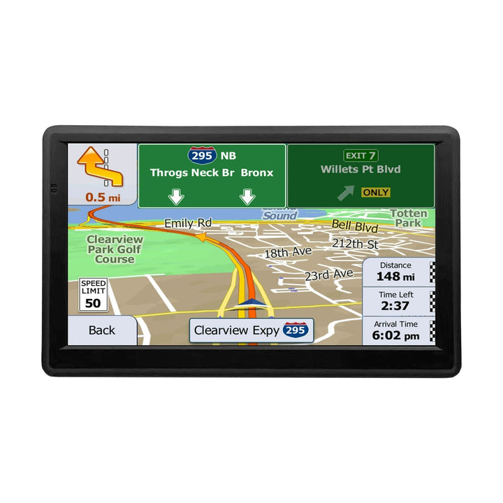 Duidelijk 7 inch GPS scherm met actuele kaarten en route voor veilige reizen in auto of vrachtwagen.