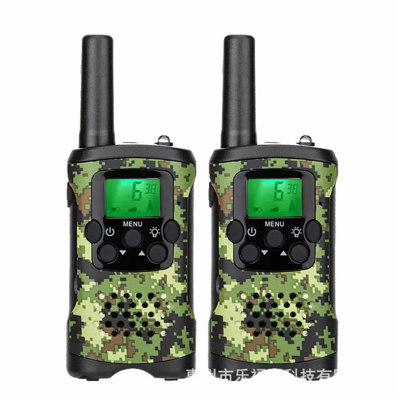 Groene camo walkietalkies voor kinderen, perfect voor buitenspelen en avontuurlijke communicatie.