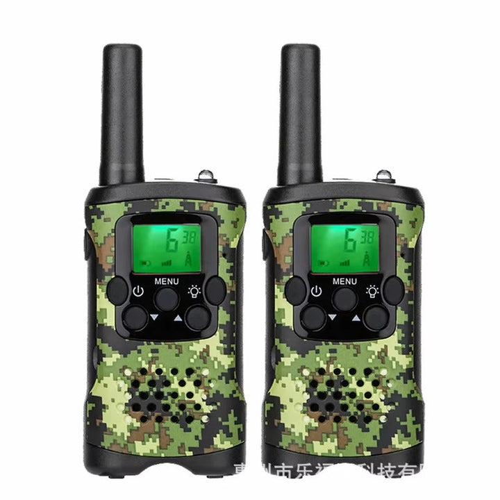 Groene camo walkietalkies voor kinderen, perfect voor buitenspelen en avontuurlijke communicatie.