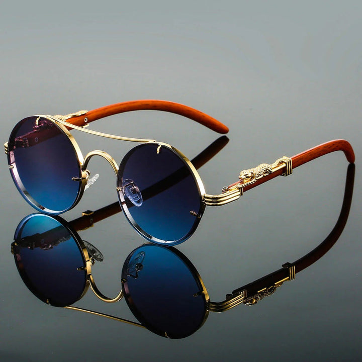Unisex vintage zonnebril met dubbele brug, rond montuur en UV400 bescherming.
