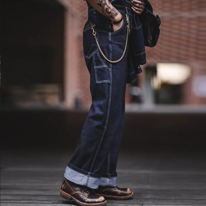 "Indigo denim overalls heren, vintage stijl, zes zakken, slanke pasvorm, hoge duurzaamheid, ademend katoen."