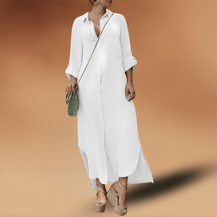 Stijlvolle A-lijn zomerjurk van linnen voor dames, ideaal als feestjurk of elegante strandjurk.