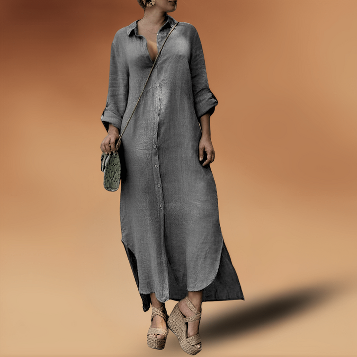 Elegante lange linnen damesjurk voor de zomer; comfortabel, ademend en stijlvol. Perfect als vakantie of strandjurk.