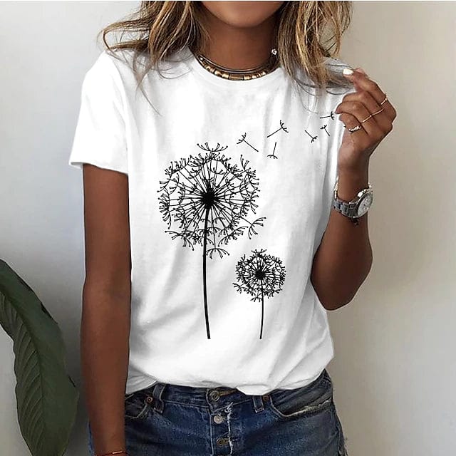 Trendy dames T-shirt met unieke 3D paardenbloemprint, losvallend model voor comfortabele, speelse zomerkleding.