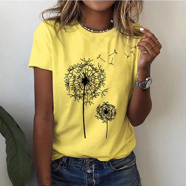 Comfortabel, luchtig dames T-shirt met opvallende paardenbloemprint; ideaal losvallend shirt voor trendy zomeroutfits.