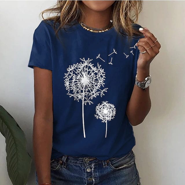 Modieus losvallend vrouwen T-shirt met korte mouwen en levendige 3D paardenbloemprint, ideaal voor comfortabele zomerkleding.