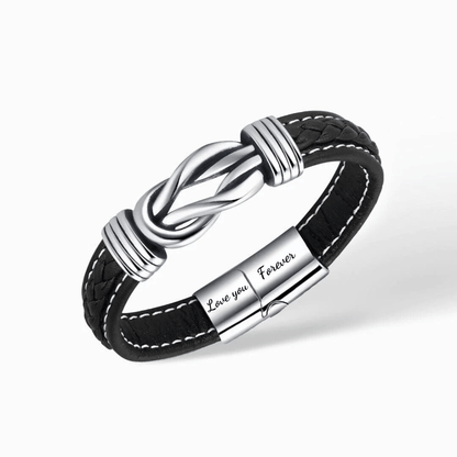 Infinity leren armband met gravure 'Love you Forever', zwart leer, roestvrij staal, cadeau voor kleinzoon, stijlvol design.