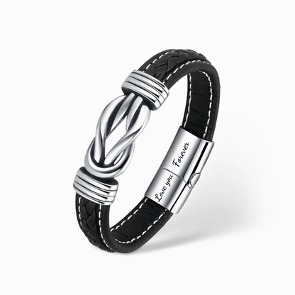 Infinity leren armband met gravure 'Love you Forever', zwart leer, roestvrij staal, cadeau voor kleinzoon, stijlvol design.