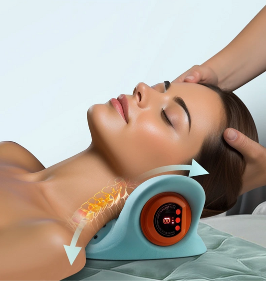 "Innovatieve 4-in-1 nekmassager met EMS en warmte, ergonomisch ontwerp, draagbaar en stijlvol voor ultieme ontspanning."