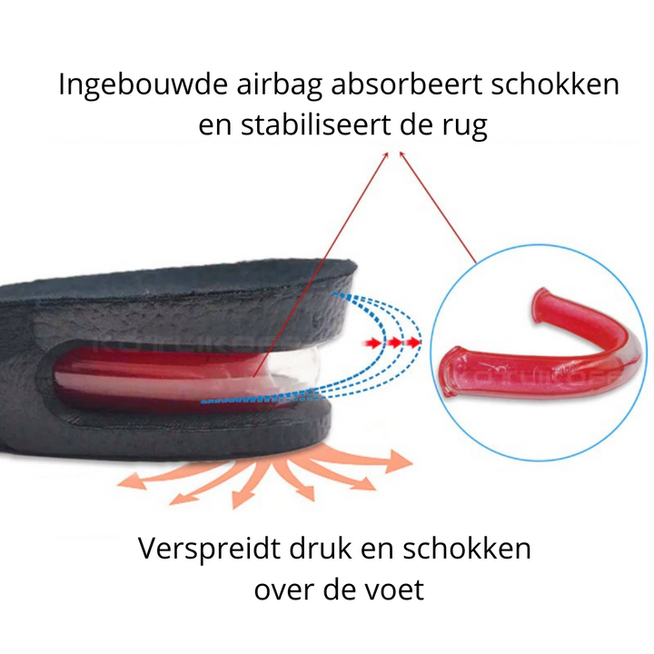 Comfortabele schokdempende inlegzolen, lengteverhogend en verstelbaar voor optimale pasvorm.