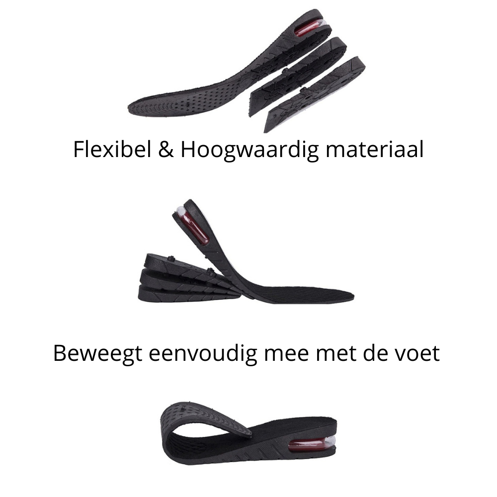 Verstelbare verhogende inlegzolen met schokdemping, ideaal voor extra lengte en zelfvertrouwen.