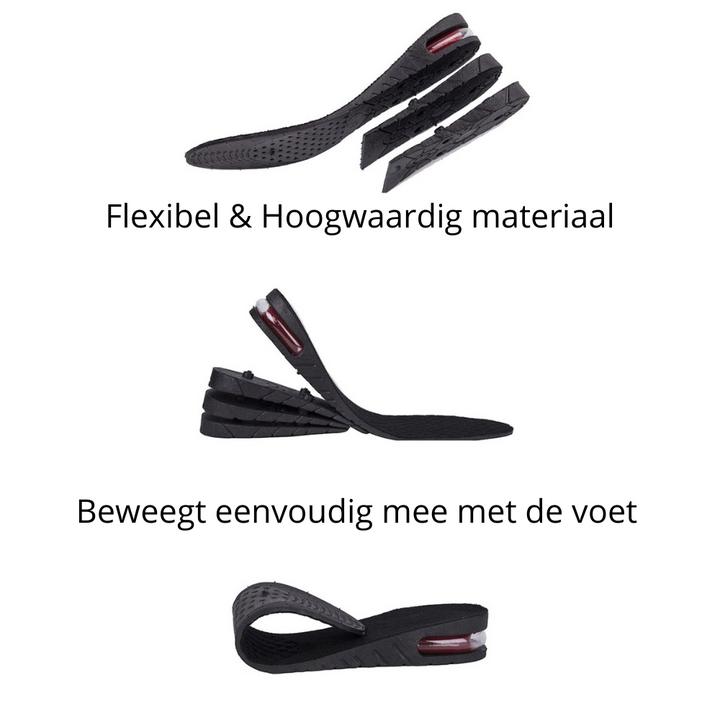 Verstelbare verhogende inlegzolen met schokdemping, ideaal voor extra lengte en zelfvertrouwen.