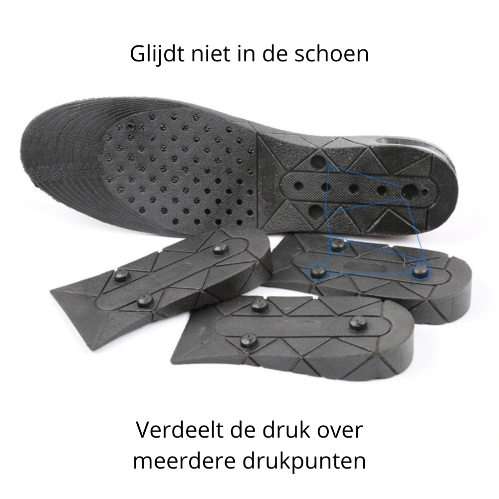 Zwarte, discrete lengteverhogende schoeninlegzolen die direct meer lengte geven.