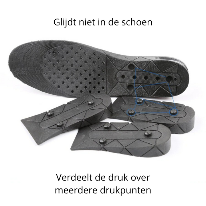 Zwarte, discrete lengteverhogende schoeninlegzolen die direct meer lengte geven.